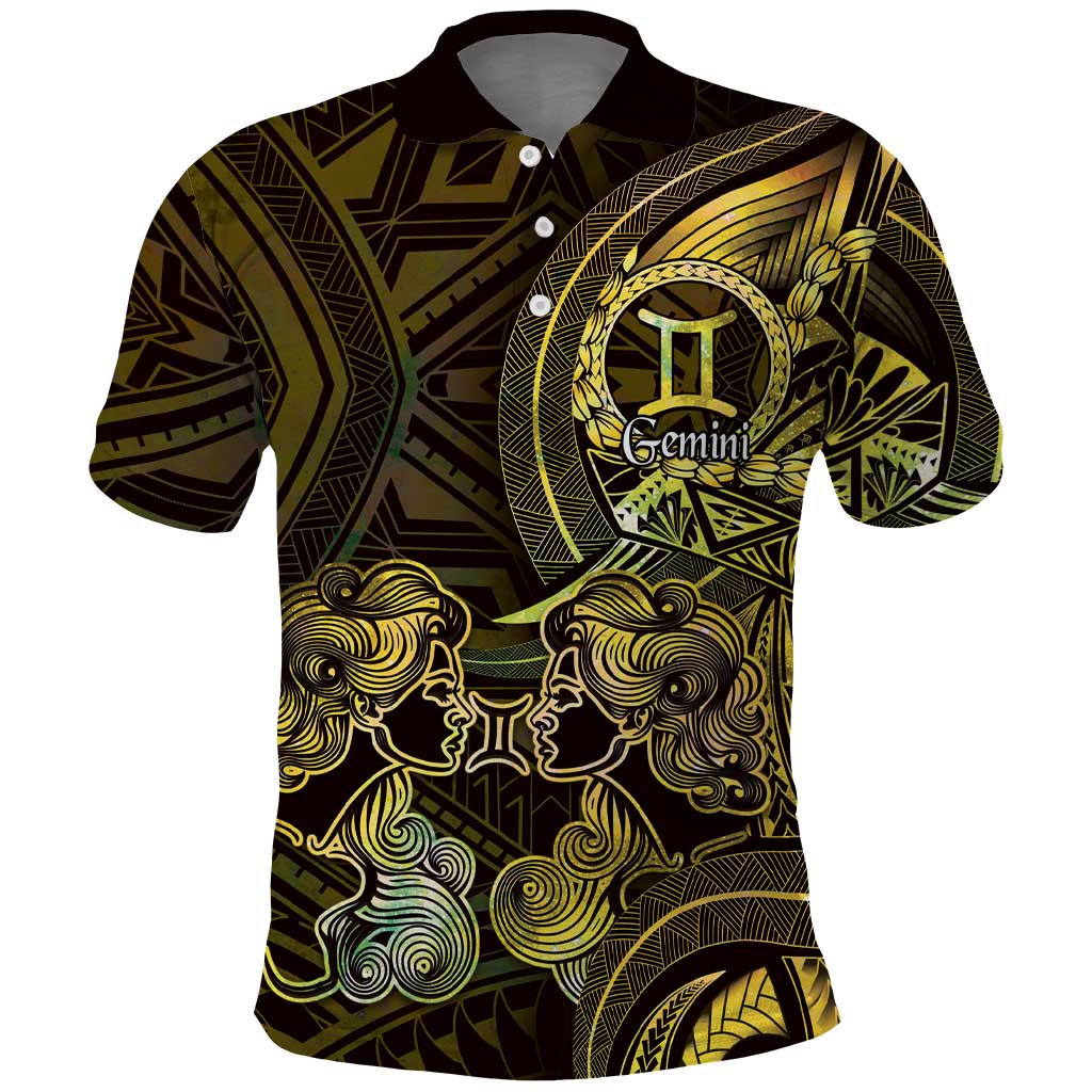 Personalised Polynesia Zodiac Gemini Polo Shirt Galaxy Polynesian Pattern Chest Tattoo Style LT14 Yellow - Polynesian Pride