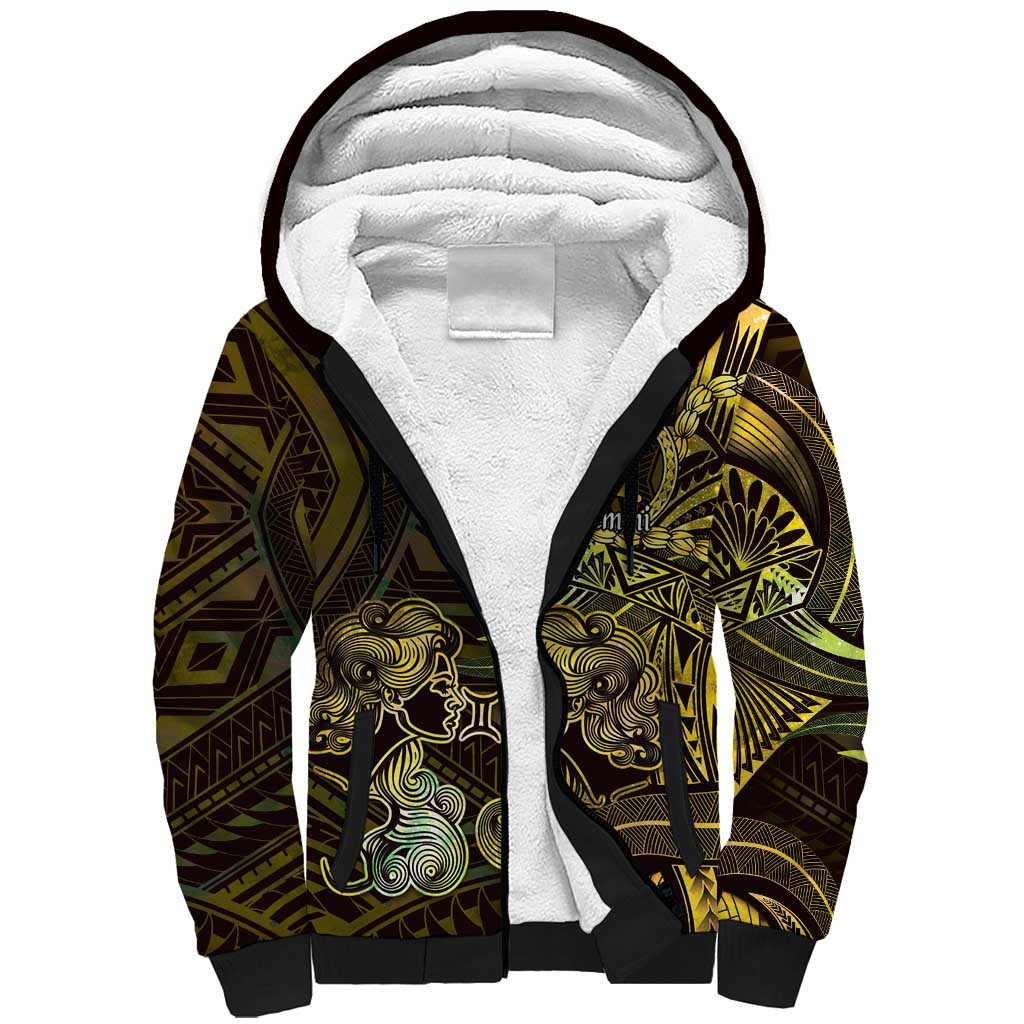 Personalised Polynesia Zodiac Gemini Sherpa Hoodie Galaxy Polynesian Pattern Chest Tattoo Style LT14 Unisex Yellow - Polynesian Pride