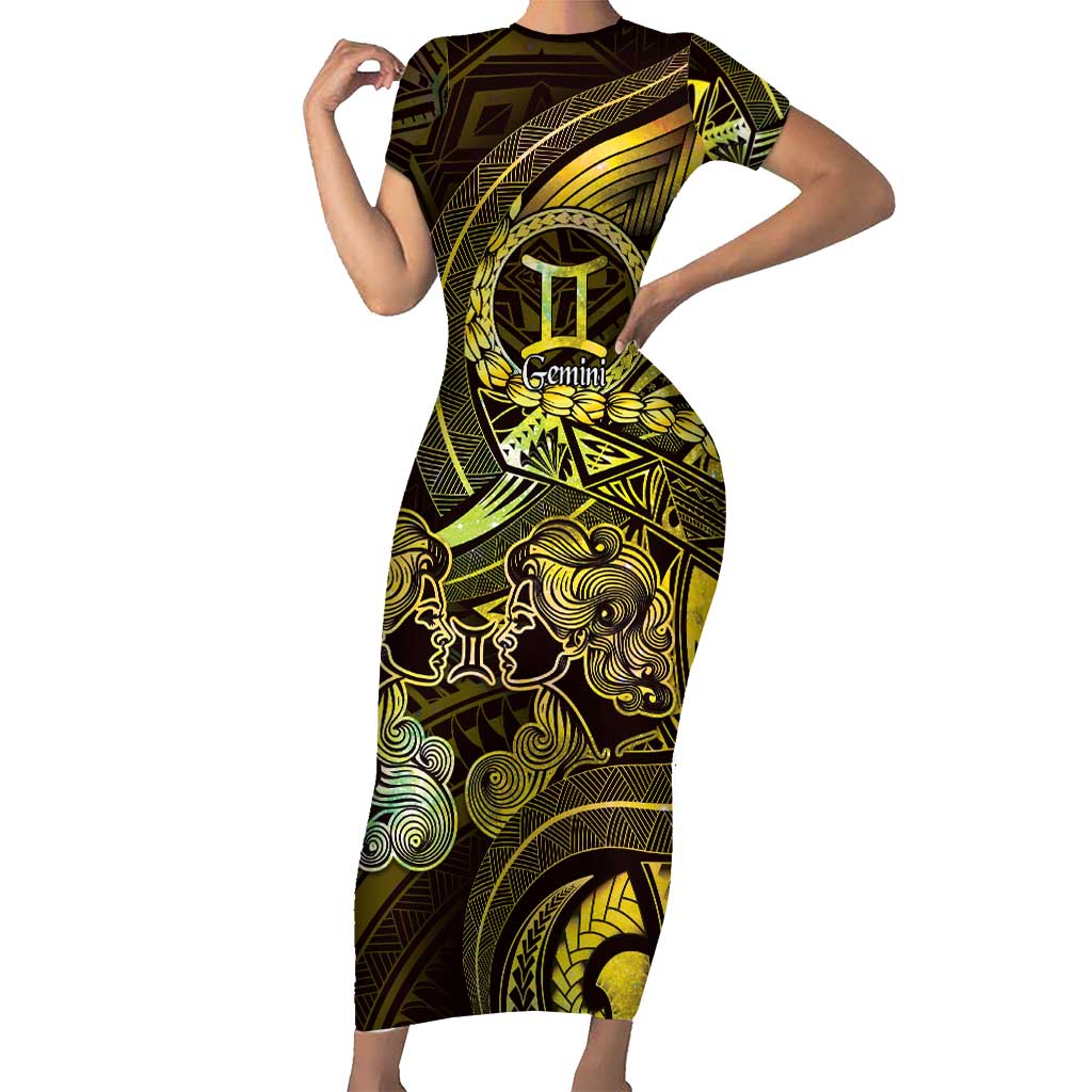 Personalised Polynesia Zodiac Gemini Short Sleeve Bodycon Dress Galaxy Polynesian Pattern Chest Tattoo Style LT14 Long Dress Yellow - Polynesian Pride