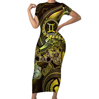 Personalised Polynesia Zodiac Gemini Short Sleeve Bodycon Dress Galaxy Polynesian Pattern Chest Tattoo Style LT14 Long Dress Yellow - Polynesian Pride