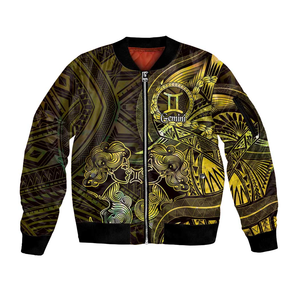 Personalised Polynesia Zodiac Gemini Sleeve Zip Bomber Jacket Galaxy Polynesian Pattern Chest Tattoo Style LT14 Unisex Yellow - Polynesian Pride