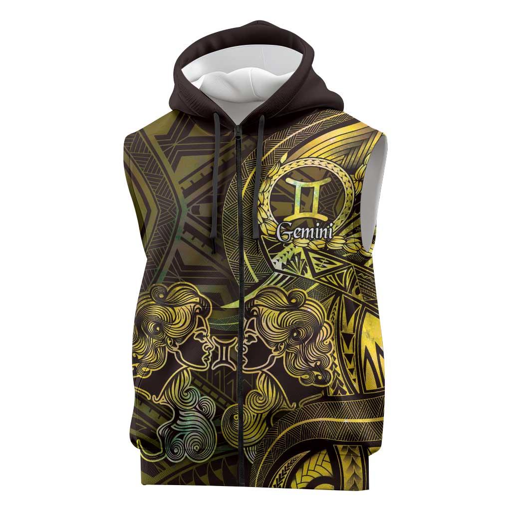 Personalised Polynesia Zodiac Gemini Sleeveless Zip Hoodie Galaxy Polynesian Pattern Chest Tattoo Style LT14 Yellow - Polynesian Pride