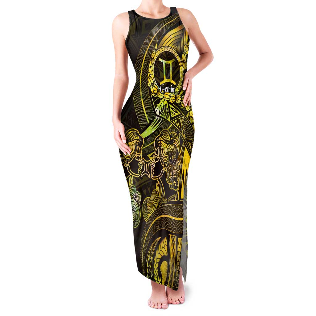 Personalised Polynesia Zodiac Gemini Tank Maxi Dress Galaxy Polynesian Pattern Chest Tattoo Style LT14 Women Yellow - Polynesian Pride