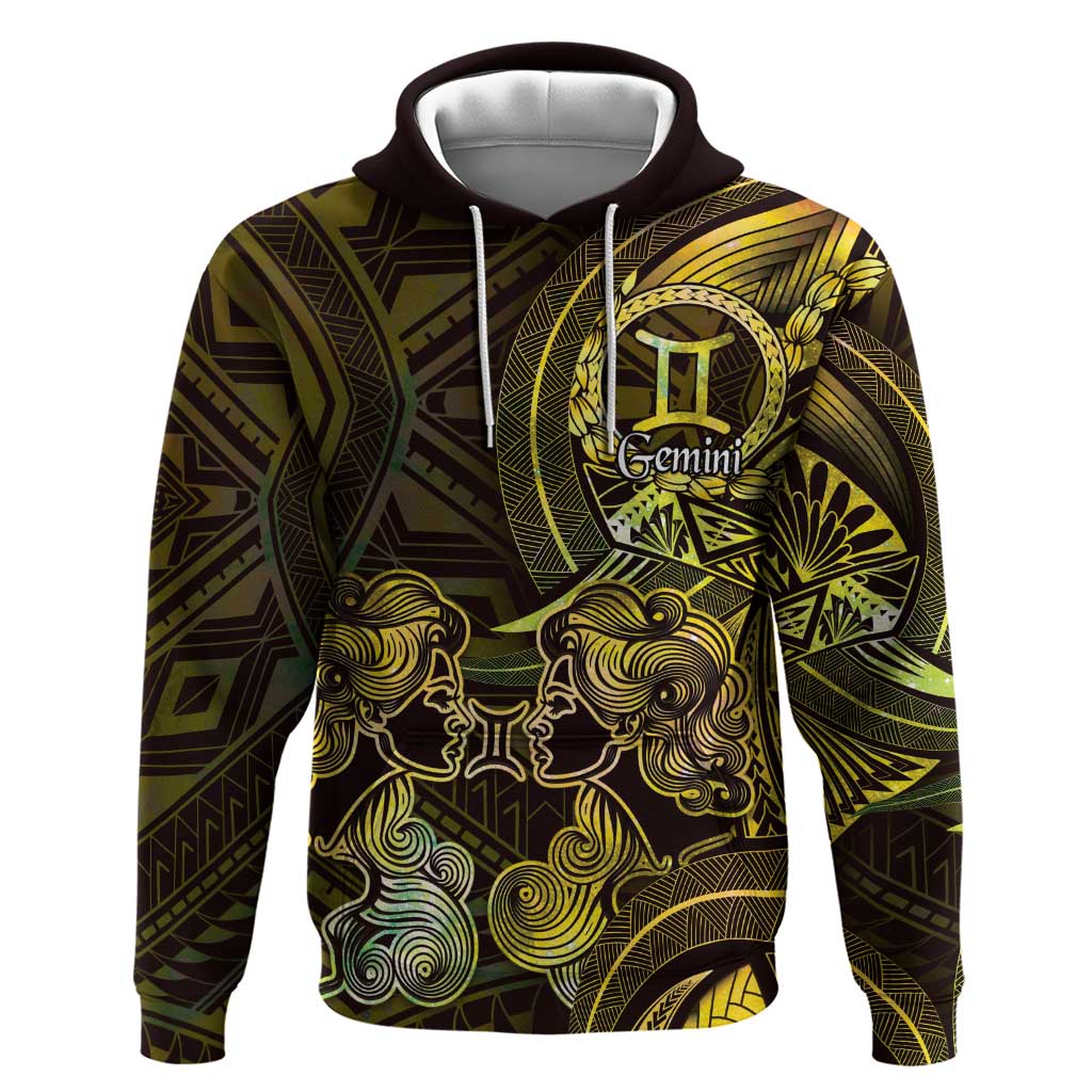 Personalised Polynesia Zodiac Gemini Zip Hoodie Galaxy Polynesian Pattern Chest Tattoo Style LT14 Pullover Hoodie Yellow - Polynesian Pride