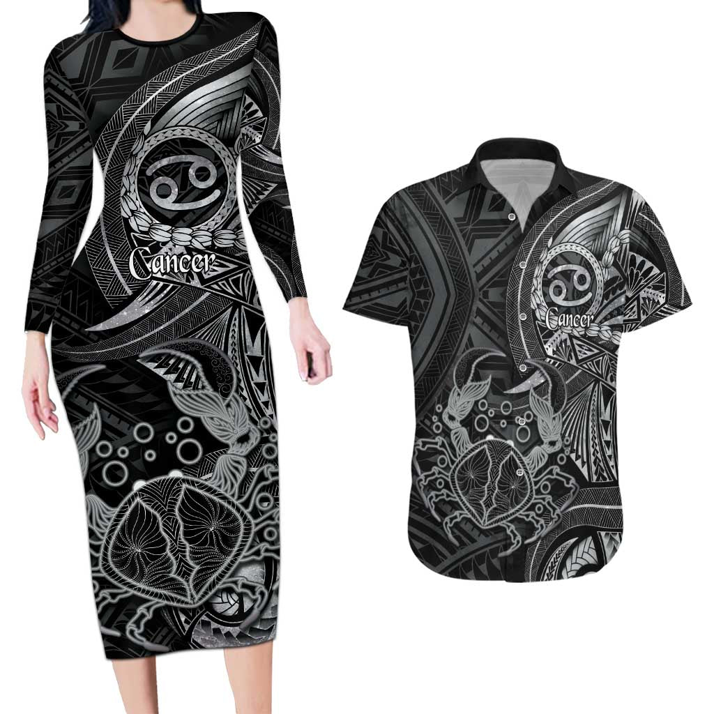Personalised Polynesia Zodiac Cancer Couples Matching Long Sleeve Bodycon Dress and Hawaiian Shirt Galaxy Polynesian Pattern Chest Tattoo Style LT14 Black - Polynesian Pride