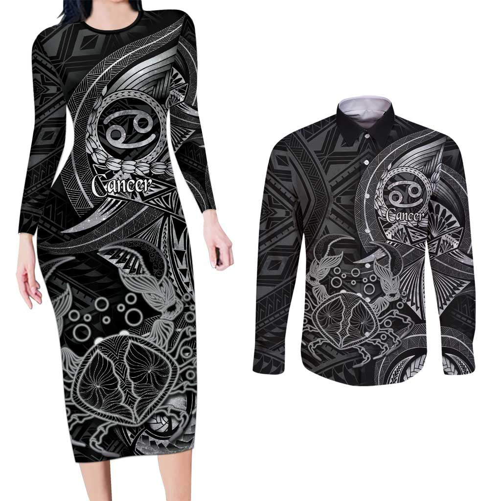 Personalised Polynesia Zodiac Cancer Couples Matching Long Sleeve Bodycon Dress and Long Sleeve Button Shirt Galaxy Polynesian Pattern Chest Tattoo Style LT14 Black - Polynesian Pride