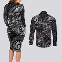 Personalised Polynesia Zodiac Cancer Couples Matching Long Sleeve Bodycon Dress and Long Sleeve Button Shirt Galaxy Polynesian Pattern Chest Tattoo Style