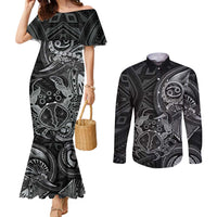Personalised Polynesia Zodiac Cancer Couples Matching Mermaid Dress and Long Sleeve Button Shirt Galaxy Polynesian Pattern Chest Tattoo Style LT14 Black - Polynesian Pride