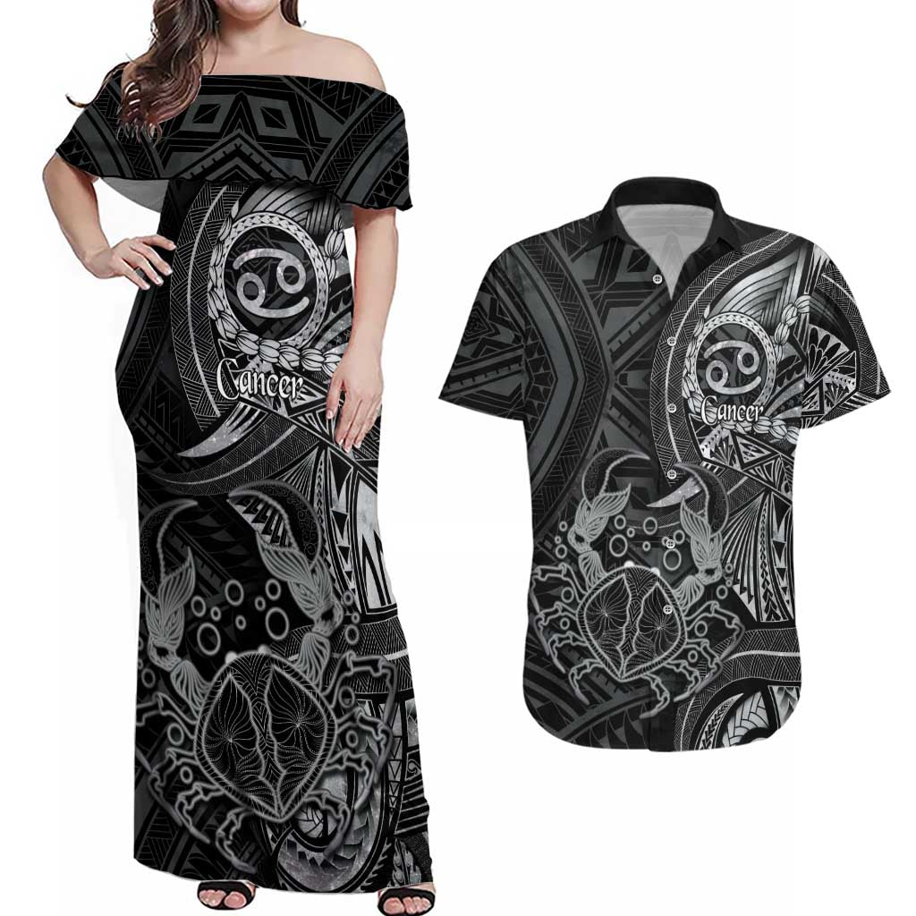 Personalised Polynesia Zodiac Cancer Couples Matching Off Shoulder Maxi Dress and Hawaiian Shirt Galaxy Polynesian Pattern Chest Tattoo Style LT14 Black - Polynesian Pride