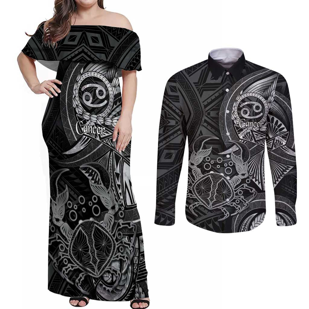 Personalised Polynesia Zodiac Cancer Couples Matching Off Shoulder Maxi Dress and Long Sleeve Button Shirt Galaxy Polynesian Pattern Chest Tattoo Style LT14 Black - Polynesian Pride