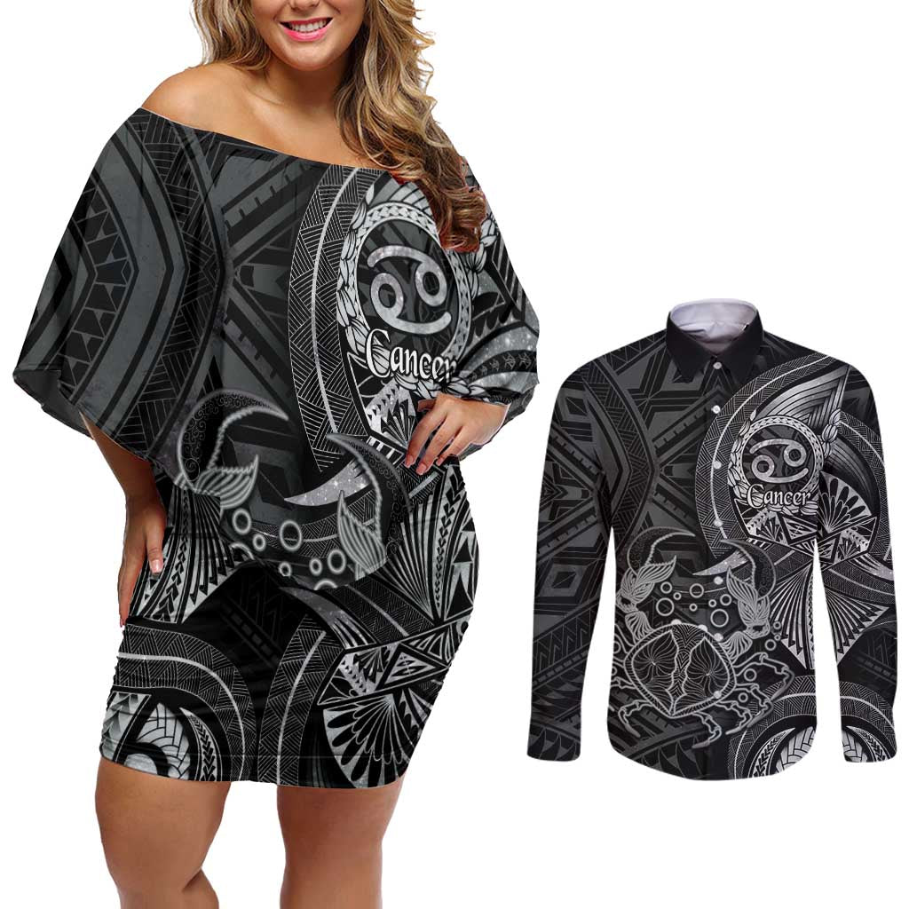 Personalised Polynesia Zodiac Cancer Couples Matching Off Shoulder Short Dress and Long Sleeve Button Shirt Galaxy Polynesian Pattern Chest Tattoo Style LT14 Black - Polynesian Pride