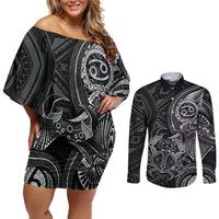 Personalised Polynesia Zodiac Cancer Couples Matching Off Shoulder Short Dress and Long Sleeve Button Shirt Galaxy Polynesian Pattern Chest Tattoo Style LT14 Black - Polynesian Pride