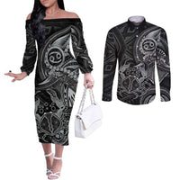 Personalised Polynesia Zodiac Cancer Couples Matching Off The Shoulder Long Sleeve Dress and Long Sleeve Button Shirt Galaxy Polynesian Pattern Chest Tattoo Style