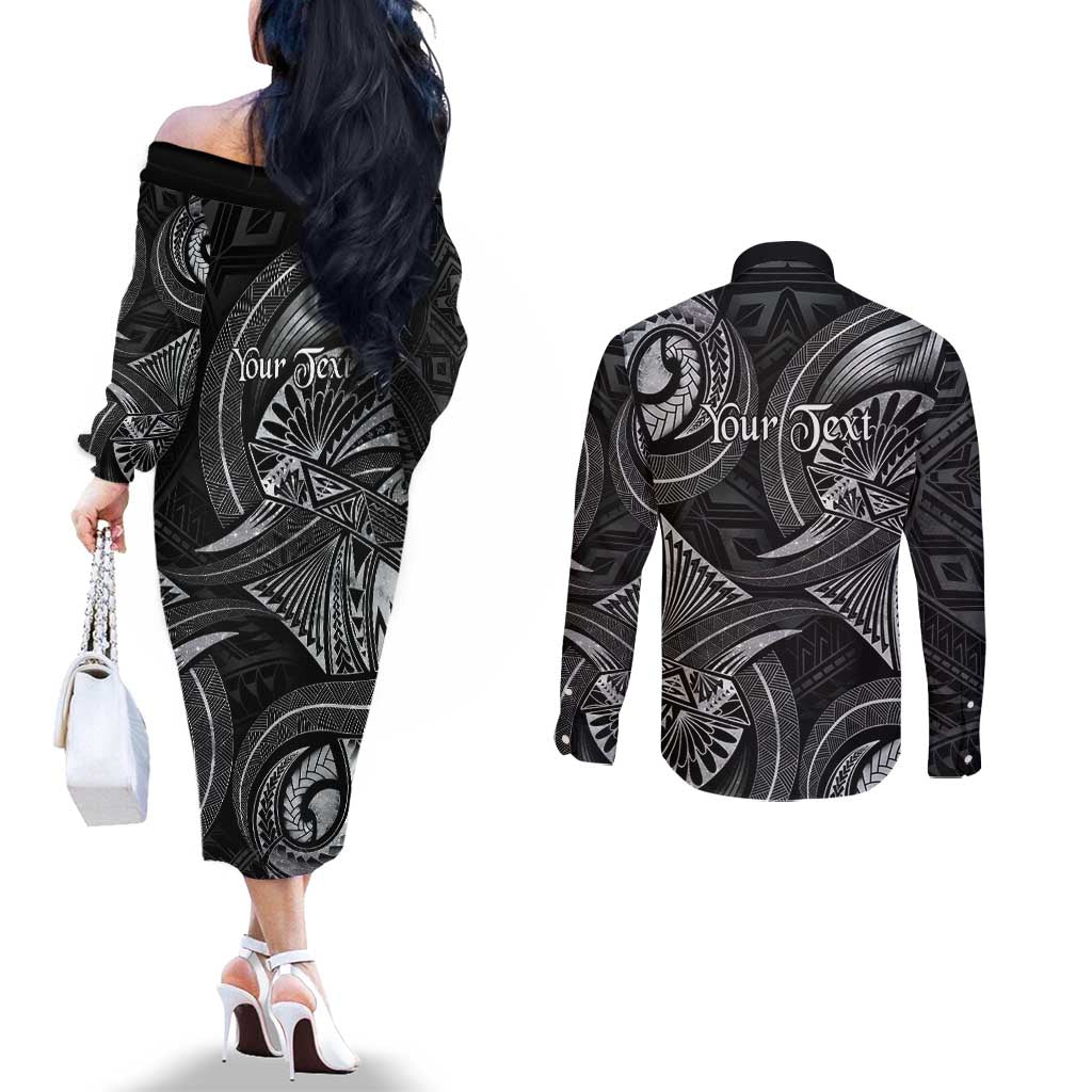 Personalised Polynesia Zodiac Cancer Couples Matching Off The Shoulder Long Sleeve Dress and Long Sleeve Button Shirt Galaxy Polynesian Pattern Chest Tattoo Style