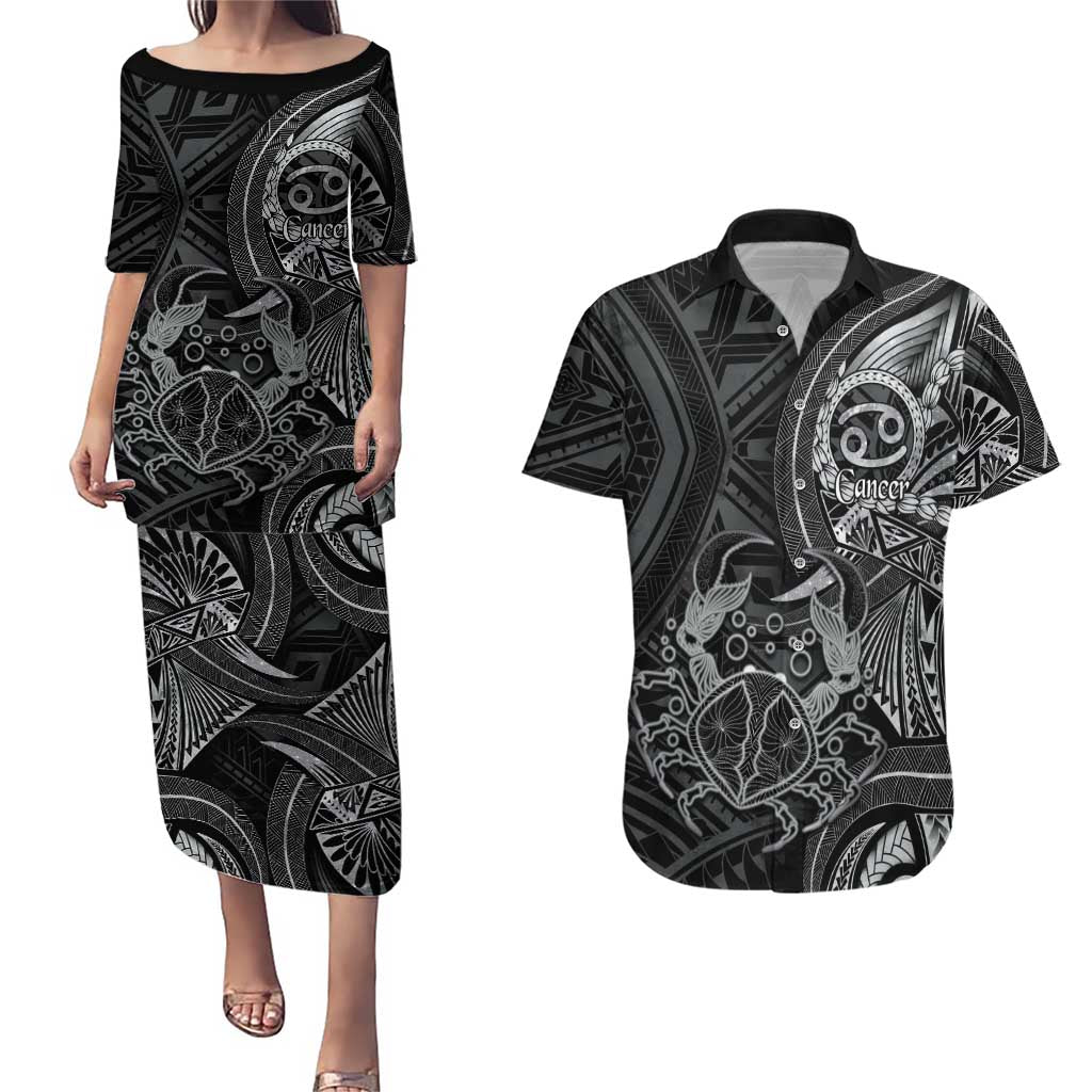Personalised Polynesia Zodiac Cancer Couples Matching Puletasi and Hawaiian Shirt Galaxy Polynesian Pattern Chest Tattoo Style LT14 Black - Polynesian Pride