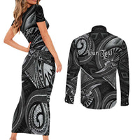 Personalised Polynesia Zodiac Cancer Couples Matching Short Sleeve Bodycon Dress and Long Sleeve Button Shirt Galaxy Polynesian Pattern Chest Tattoo Style