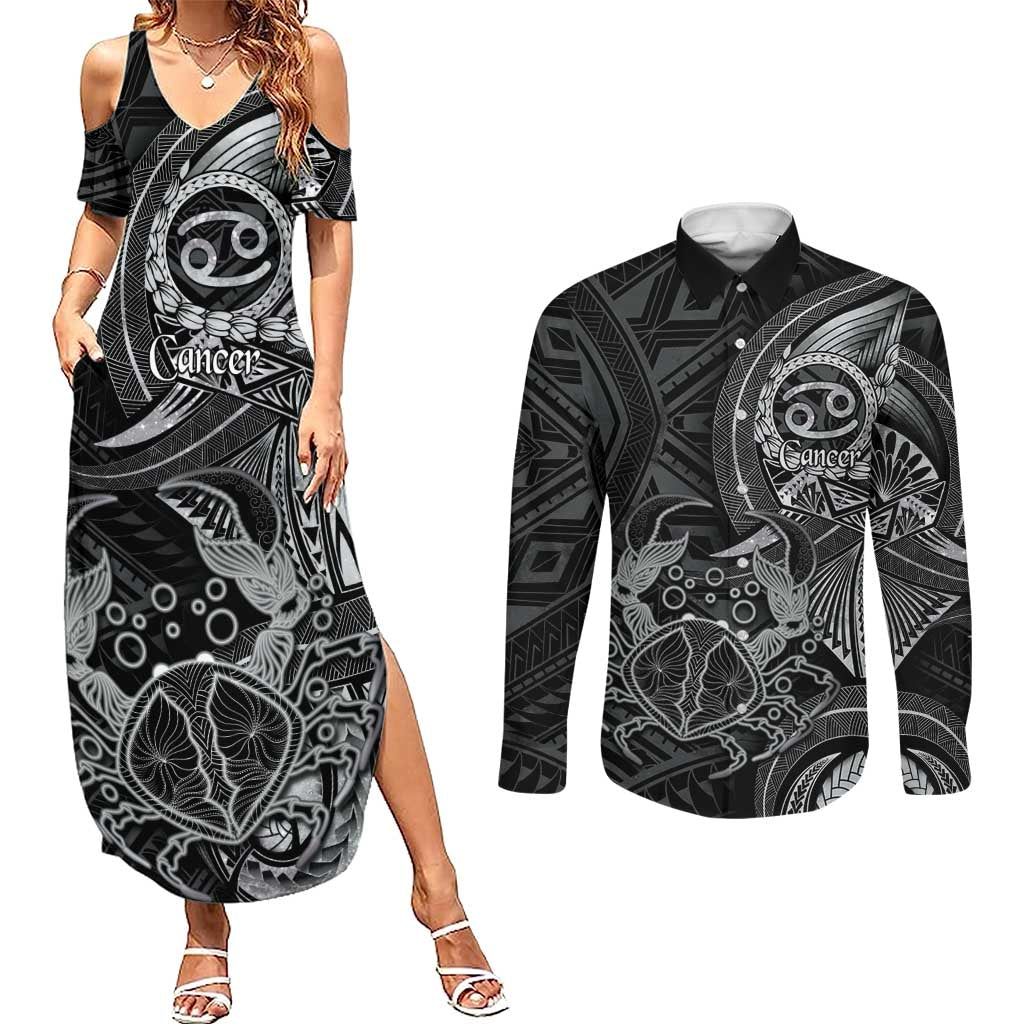 Personalised Polynesia Zodiac Cancer Couples Matching Summer Maxi Dress and Long Sleeve Button Shirt Galaxy Polynesian Pattern Chest Tattoo Style LT14 Black - Polynesian Pride