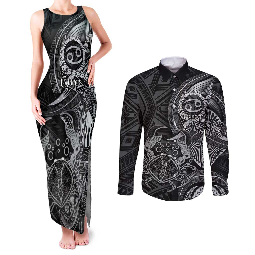 Personalised Polynesia Zodiac Cancer Couples Matching Tank Maxi Dress and Long Sleeve Button Shirt Galaxy Polynesian Pattern Chest Tattoo Style LT14 Black - Polynesian Pride