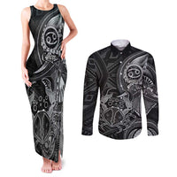 Personalised Polynesia Zodiac Cancer Couples Matching Tank Maxi Dress and Long Sleeve Button Shirt Galaxy Polynesian Pattern Chest Tattoo Style LT14 Black - Polynesian Pride