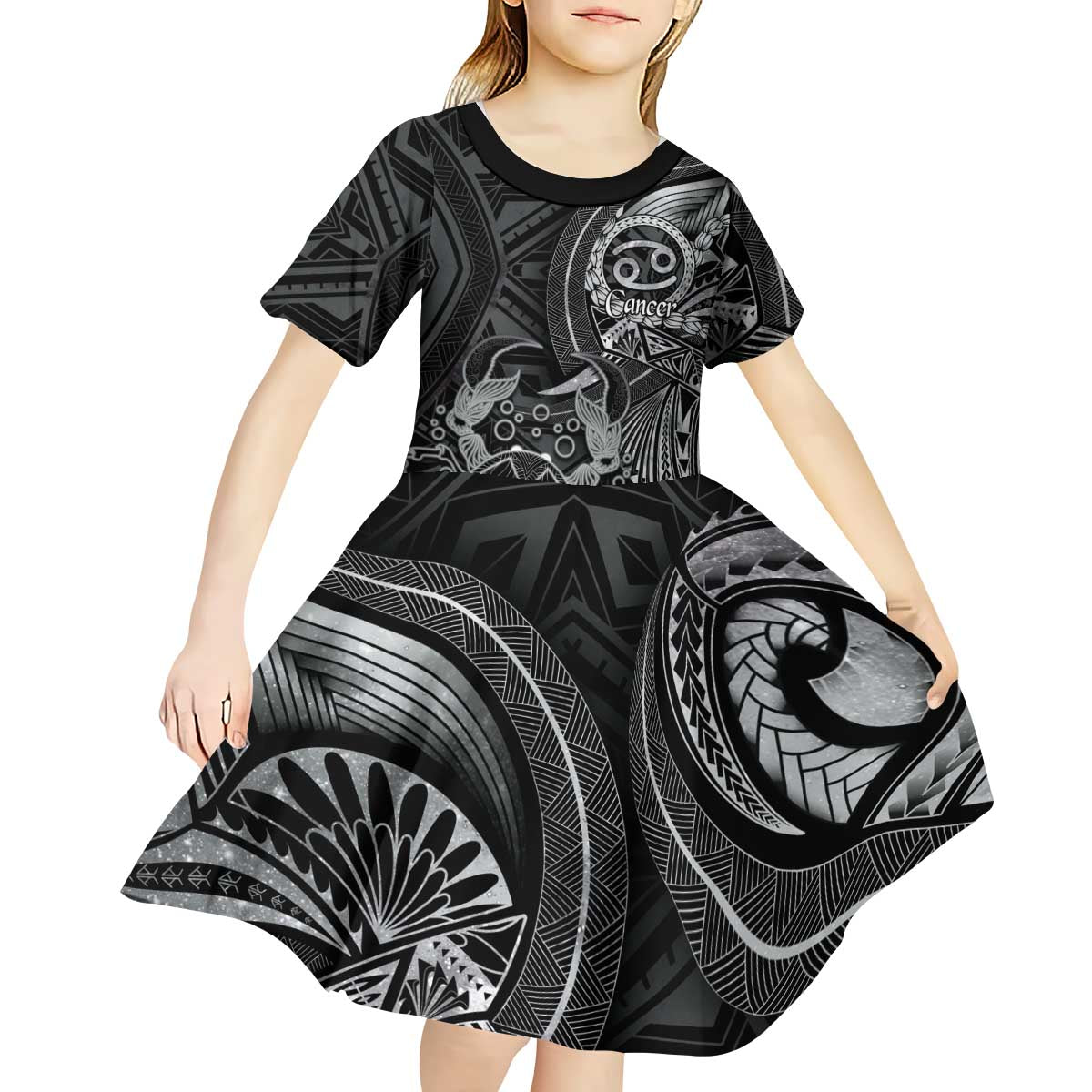 Personalised Polynesia Zodiac Cancer Kid Short Sleeve Dress Galaxy Polynesian Pattern Chest Tattoo Style LT14 - Polynesian Pride