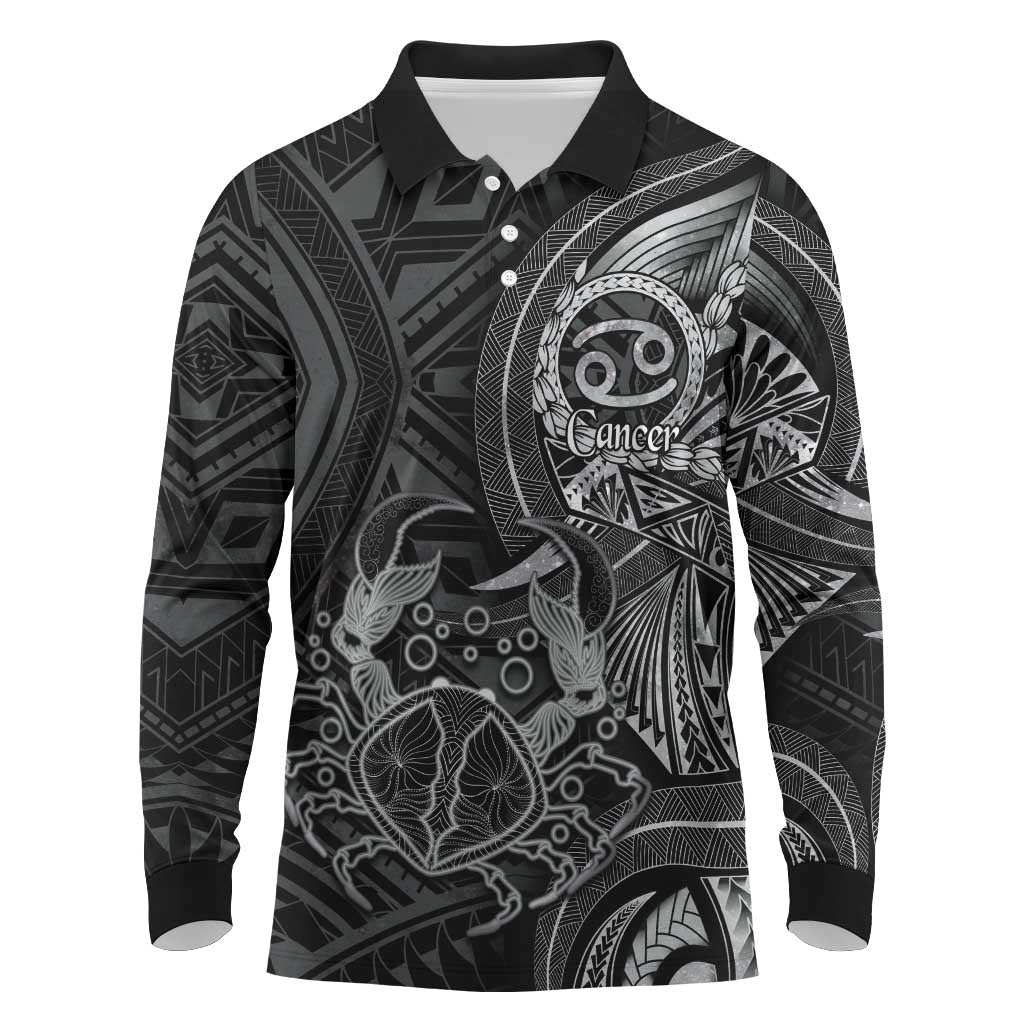 Personalised Polynesia Zodiac Cancer Long Sleeve Polo Shirt Galaxy Polynesian Pattern Chest Tattoo Style LT14 Black - Polynesian Pride