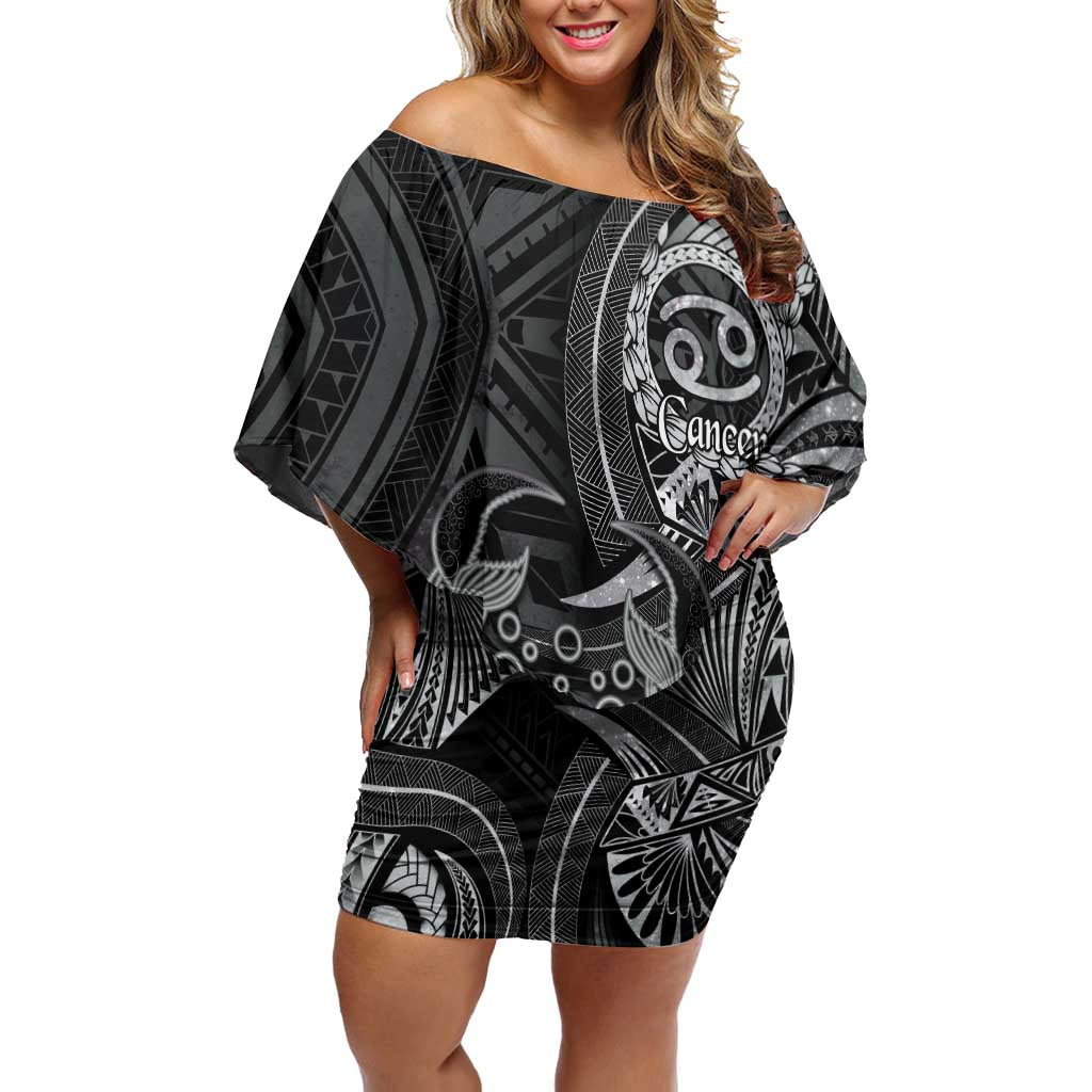 Personalised Polynesia Zodiac Cancer Off Shoulder Short Dress Galaxy Polynesian Pattern Chest Tattoo Style LT14 Women Black - Polynesian Pride
