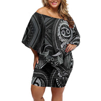 Personalised Polynesia Zodiac Cancer Off Shoulder Short Dress Galaxy Polynesian Pattern Chest Tattoo Style LT14 Women Black - Polynesian Pride
