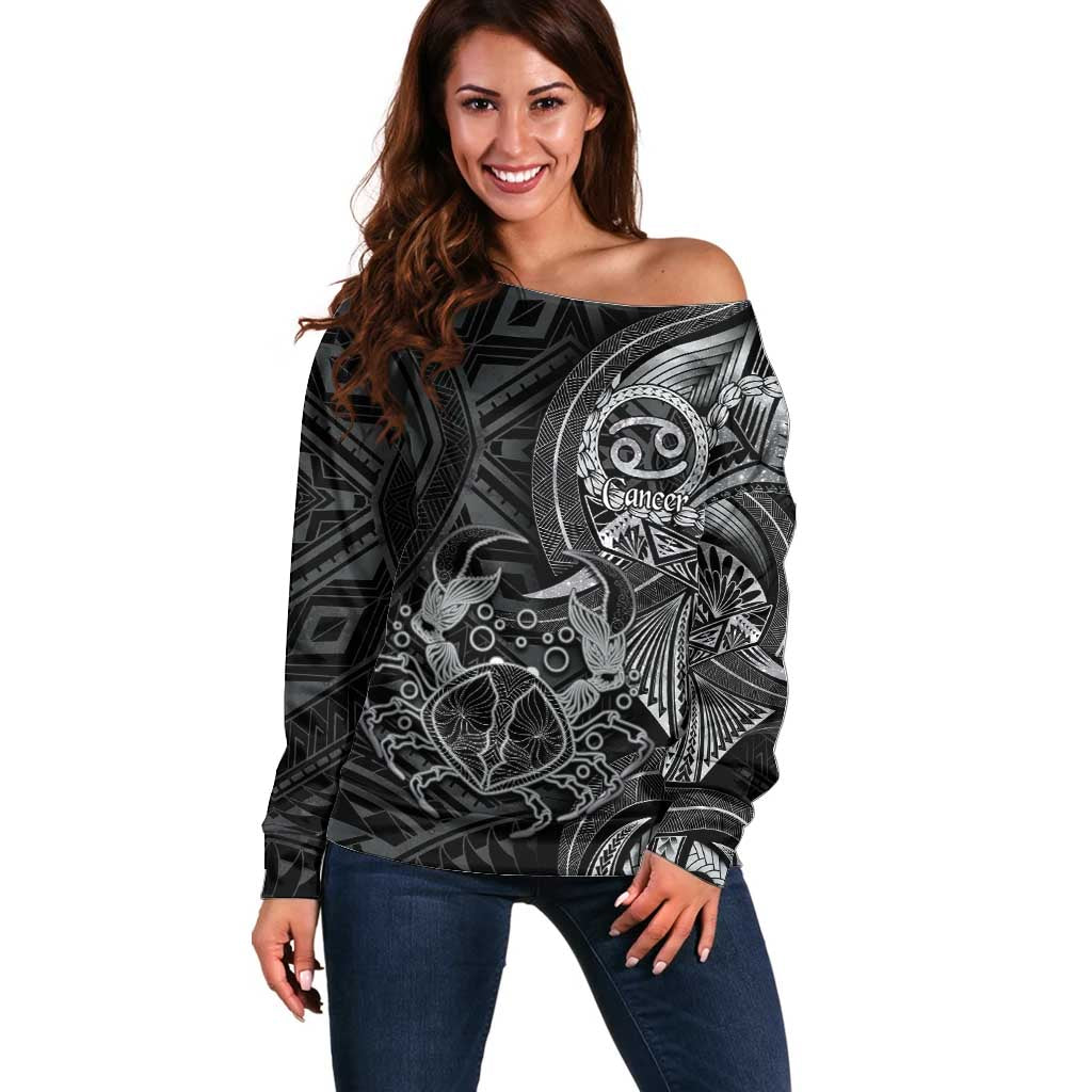 Personalised Polynesia Zodiac Cancer Off Shoulder Sweater Galaxy Polynesian Pattern Chest Tattoo Style LT14 Women Black - Polynesian Pride