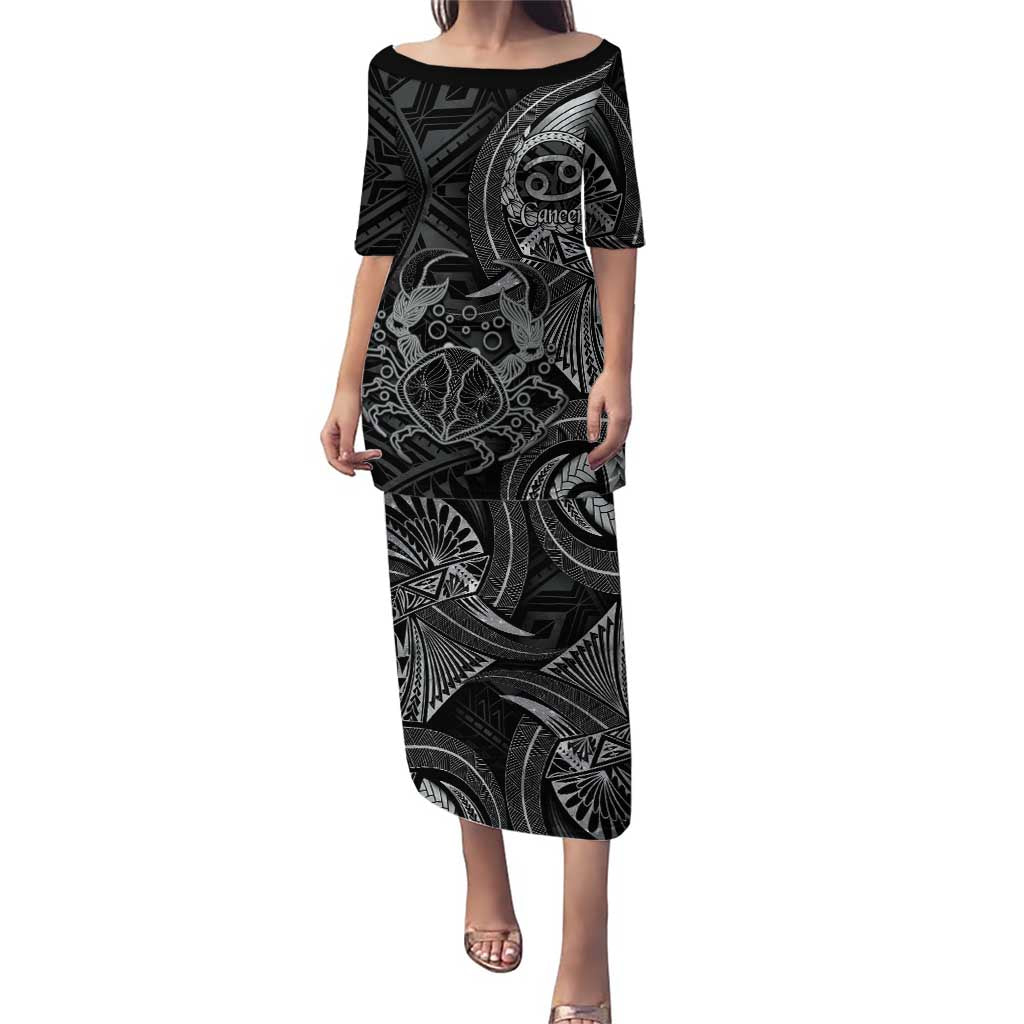 Personalised Polynesia Zodiac Cancer Puletasi Galaxy Polynesian Pattern Chest Tattoo Style LT14 Long Dress Black - Polynesian Pride