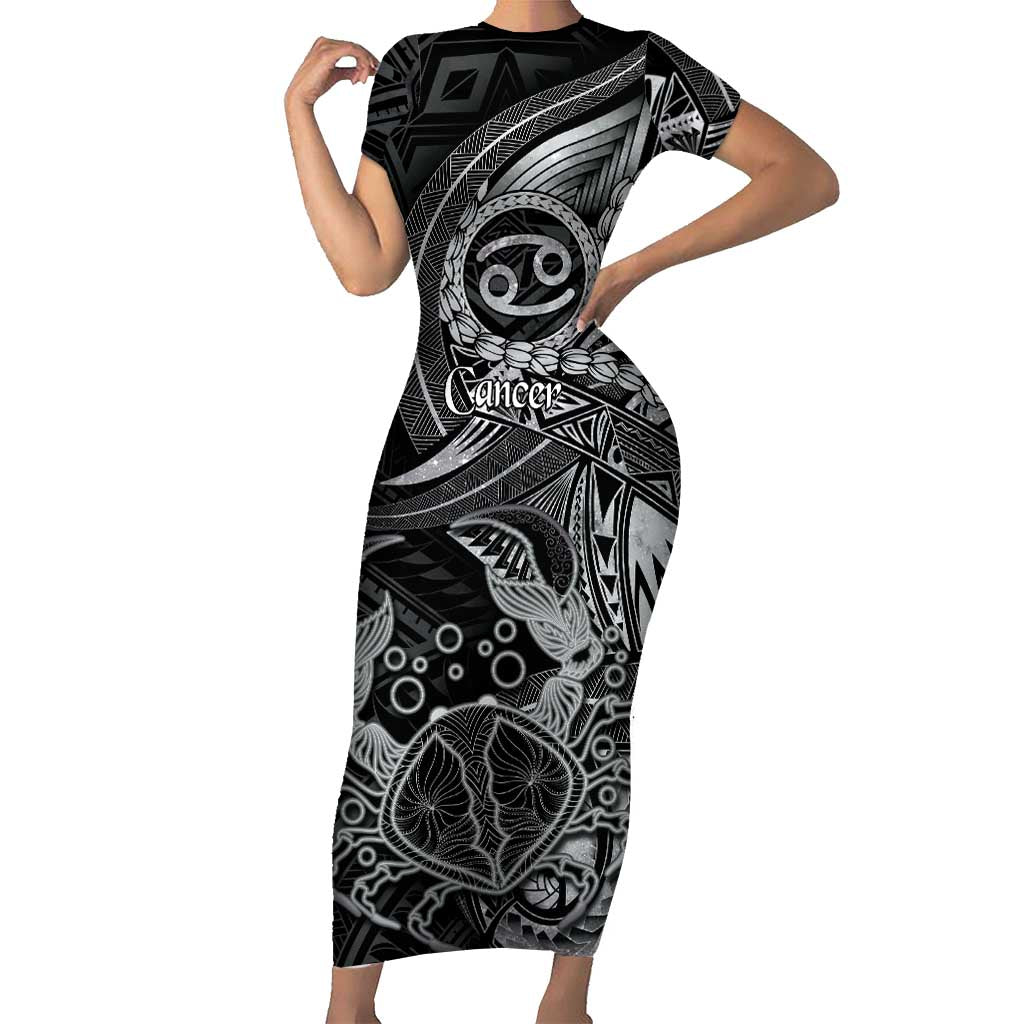 Personalised Polynesia Zodiac Cancer Short Sleeve Bodycon Dress Galaxy Polynesian Pattern Chest Tattoo Style LT14 Long Dress Black - Polynesian Pride