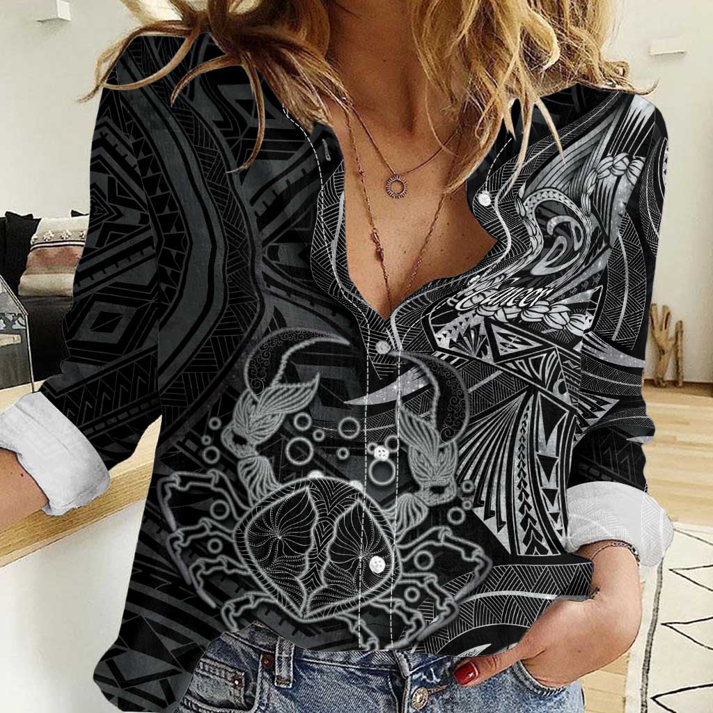 Personalised Polynesia Zodiac Cancer Women Casual Shirt Galaxy Polynesian Pattern Chest Tattoo Style LT14 Female Black - Polynesian Pride