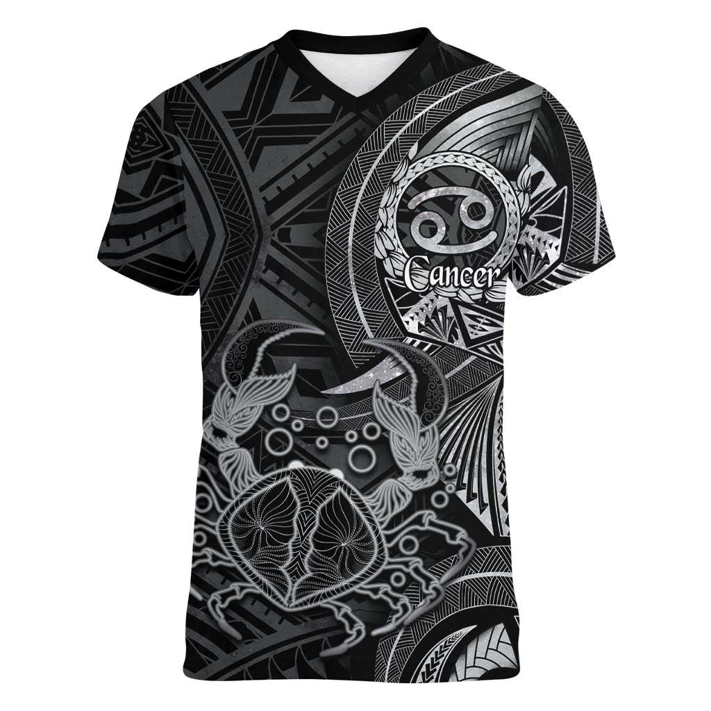 Personalised Polynesia Zodiac Cancer Women V-Neck T-Shirt Galaxy Polynesian Pattern Chest Tattoo Style LT14 Female Black - Polynesian Pride