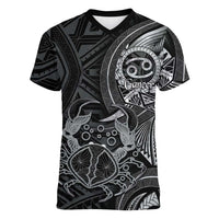 Personalised Polynesia Zodiac Cancer Women V-Neck T-Shirt Galaxy Polynesian Pattern Chest Tattoo Style LT14 Female Black - Polynesian Pride