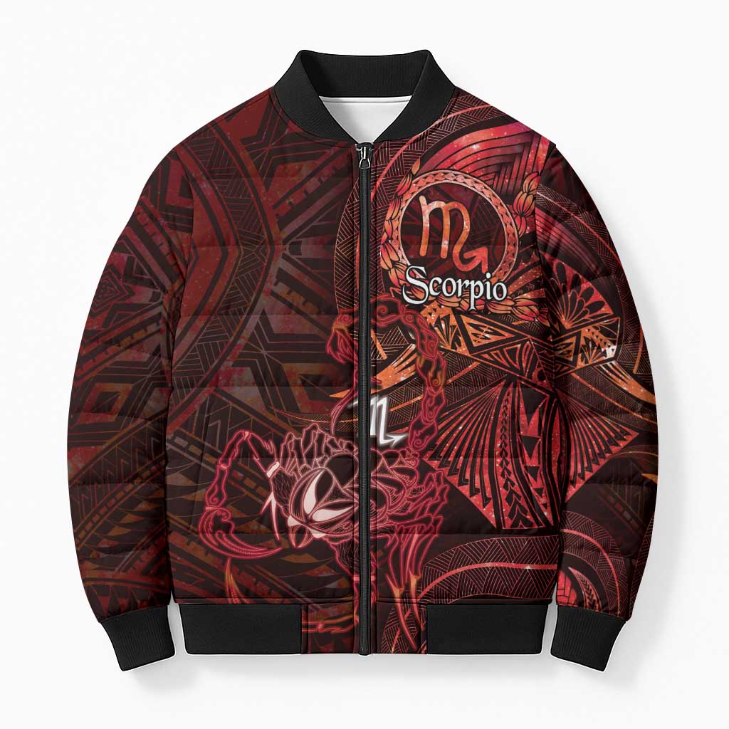 Personalised Polynesia Zodiac Scorpio Bomber Puffer Jacket Galaxy Polynesian Pattern Chest Tattoo Style LT14 Unisex Red - Polynesian Pride