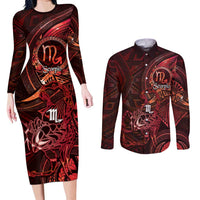 Personalised Polynesia Zodiac Scorpio Couples Matching Long Sleeve Bodycon Dress and Long Sleeve Button Shirt Galaxy Polynesian Pattern Chest Tattoo Style LT14 Red - Polynesian Pride
