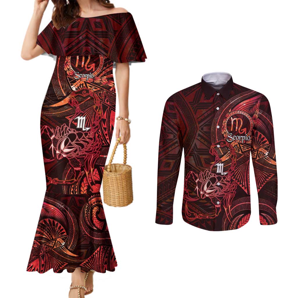 Personalised Polynesia Zodiac Scorpio Couples Matching Mermaid Dress and Long Sleeve Button Shirt Galaxy Polynesian Pattern Chest Tattoo Style LT14 Red - Polynesian Pride