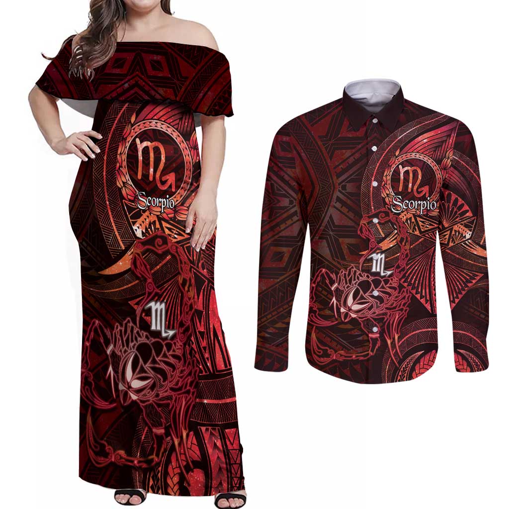 Personalised Polynesia Zodiac Scorpio Couples Matching Off Shoulder Maxi Dress and Long Sleeve Button Shirt Galaxy Polynesian Pattern Chest Tattoo Style LT14 Red - Polynesian Pride