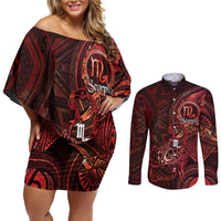 Personalised Polynesia Zodiac Scorpio Couples Matching Off Shoulder Short Dress and Long Sleeve Button Shirt Galaxy Polynesian Pattern Chest Tattoo Style LT14 Red - Polynesian Pride