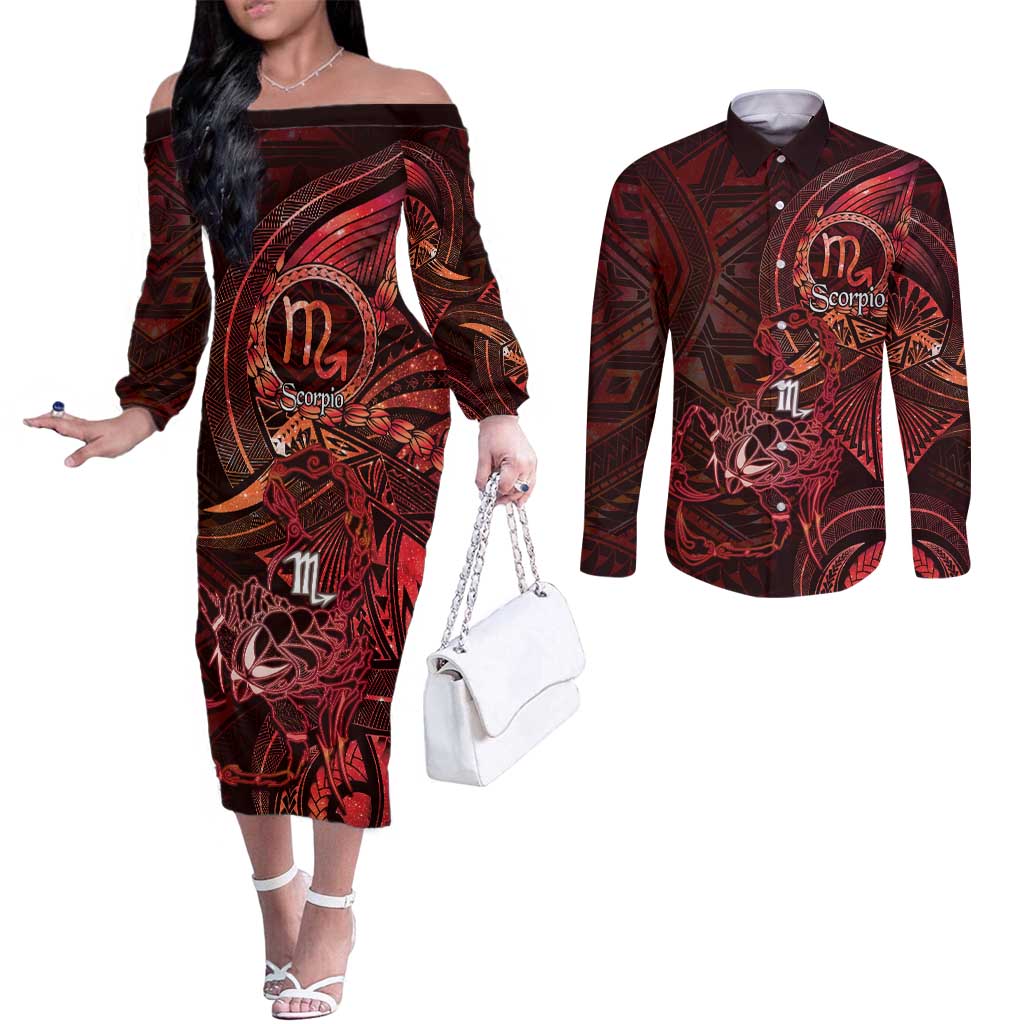 Personalised Polynesia Zodiac Scorpio Couples Matching Off The Shoulder Long Sleeve Dress and Long Sleeve Button Shirt Galaxy Polynesian Pattern Chest Tattoo Style LT14 Red - Polynesian Pride