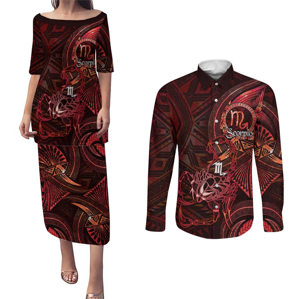 Personalised Polynesia Zodiac Scorpio Couples Matching Puletasi and Long Sleeve Button Shirt Galaxy Polynesian Pattern Chest Tattoo Style