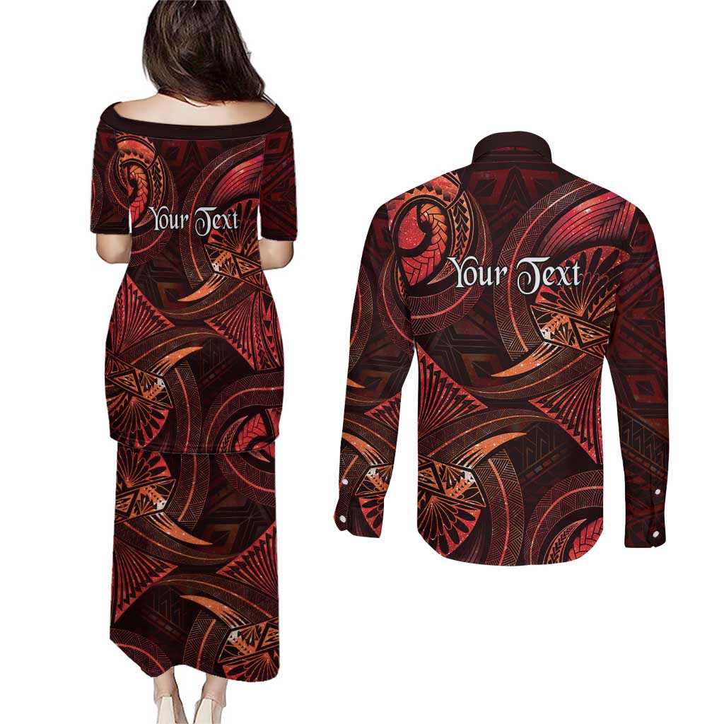 Personalised Polynesia Zodiac Scorpio Couples Matching Puletasi and Long Sleeve Button Shirt Galaxy Polynesian Pattern Chest Tattoo Style