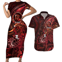 Personalised Polynesia Zodiac Scorpio Couples Matching Short Sleeve Bodycon Dress and Hawaiian Shirt Galaxy Polynesian Pattern Chest Tattoo Style LT14 Red - Polynesian Pride