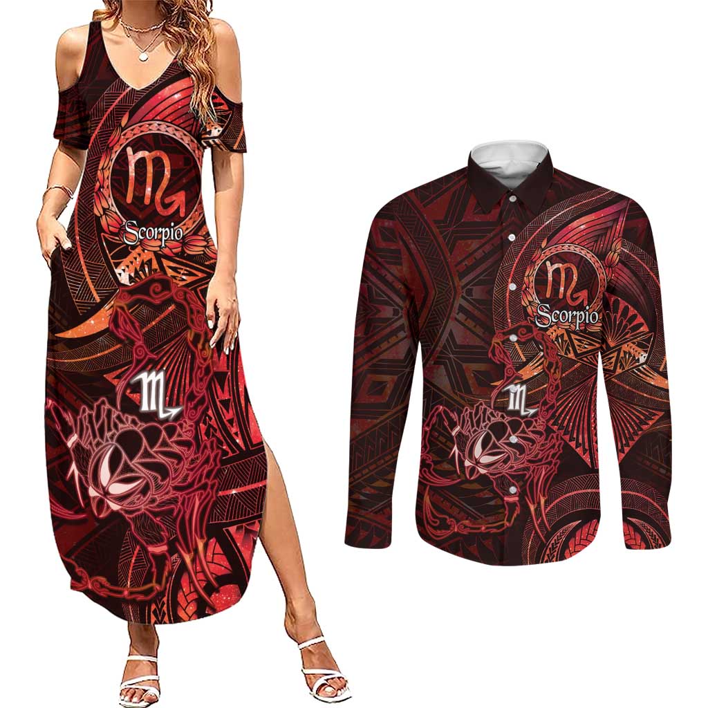 Personalised Polynesia Zodiac Scorpio Couples Matching Summer Maxi Dress and Long Sleeve Button Shirt Galaxy Polynesian Pattern Chest Tattoo Style LT14 Red - Polynesian Pride