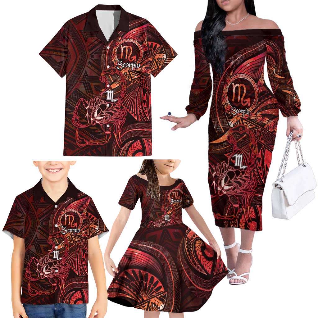 Personalised Polynesia Zodiac Scorpio Family Matching Off The Shoulder Long Sleeve Dress and Hawaiian Shirt Galaxy Polynesian Pattern Chest Tattoo Style