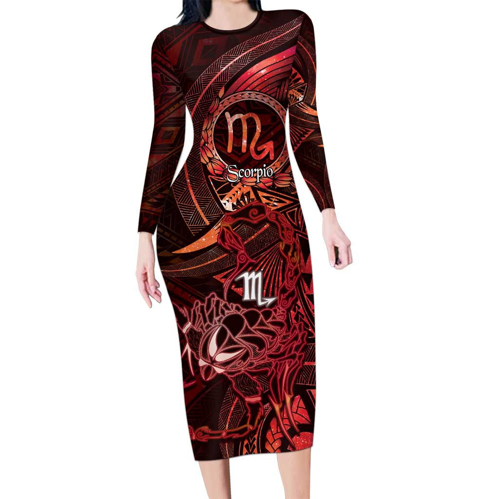 Personalised Polynesia Zodiac Scorpio Long Sleeve Bodycon Dress Galaxy Polynesian Pattern Chest Tattoo Style LT14 Long Dress Red - Polynesian Pride