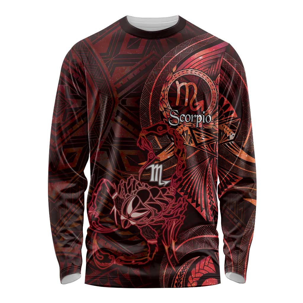Personalised Polynesia Zodiac Scorpio Long Sleeve Shirt Galaxy Polynesian Pattern Chest Tattoo Style LT14 Unisex Red - Polynesian Pride