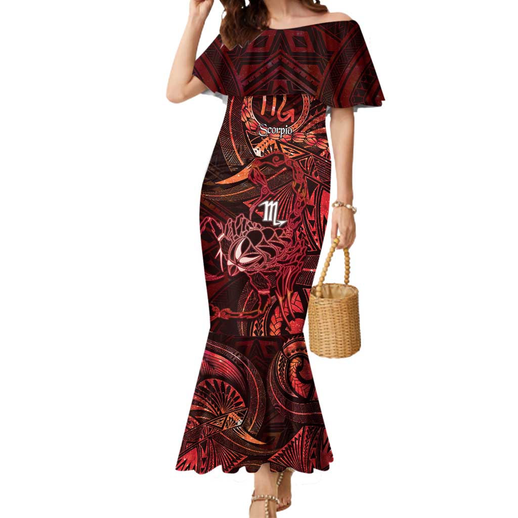 Personalised Polynesia Zodiac Scorpio Mermaid Dress Galaxy Polynesian Pattern Chest Tattoo Style LT14 Women Red - Polynesian Pride