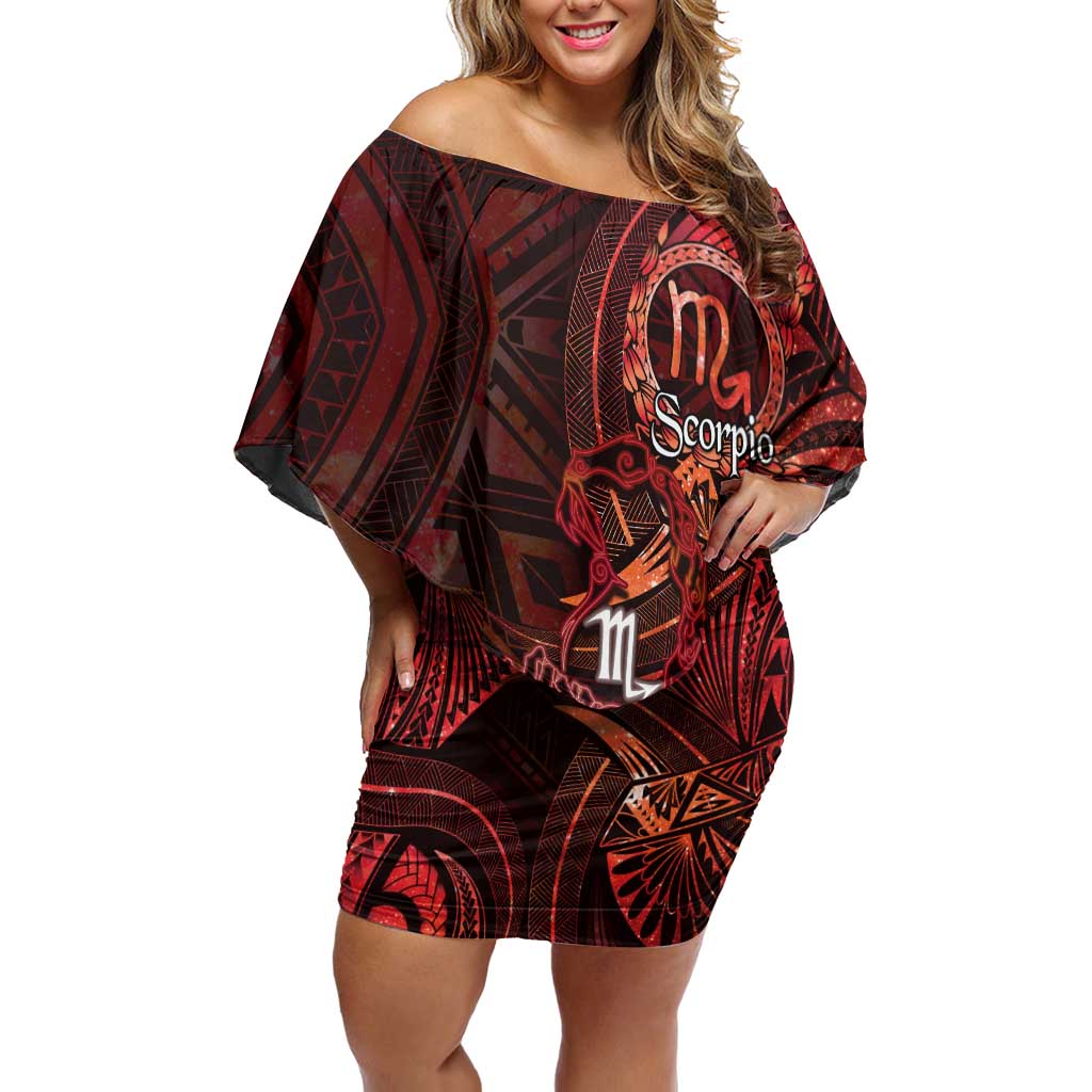 Personalised Polynesia Zodiac Scorpio Off Shoulder Short Dress Galaxy Polynesian Pattern Chest Tattoo Style LT14 Women Red - Polynesian Pride