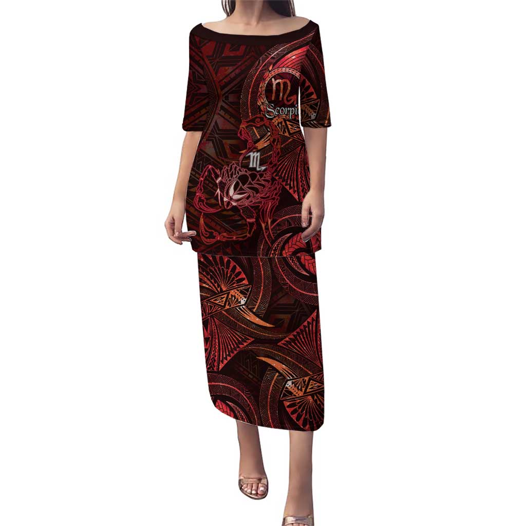 Personalised Polynesia Zodiac Scorpio Puletasi Galaxy Polynesian Pattern Chest Tattoo Style LT14 Long Dress Red - Polynesian Pride