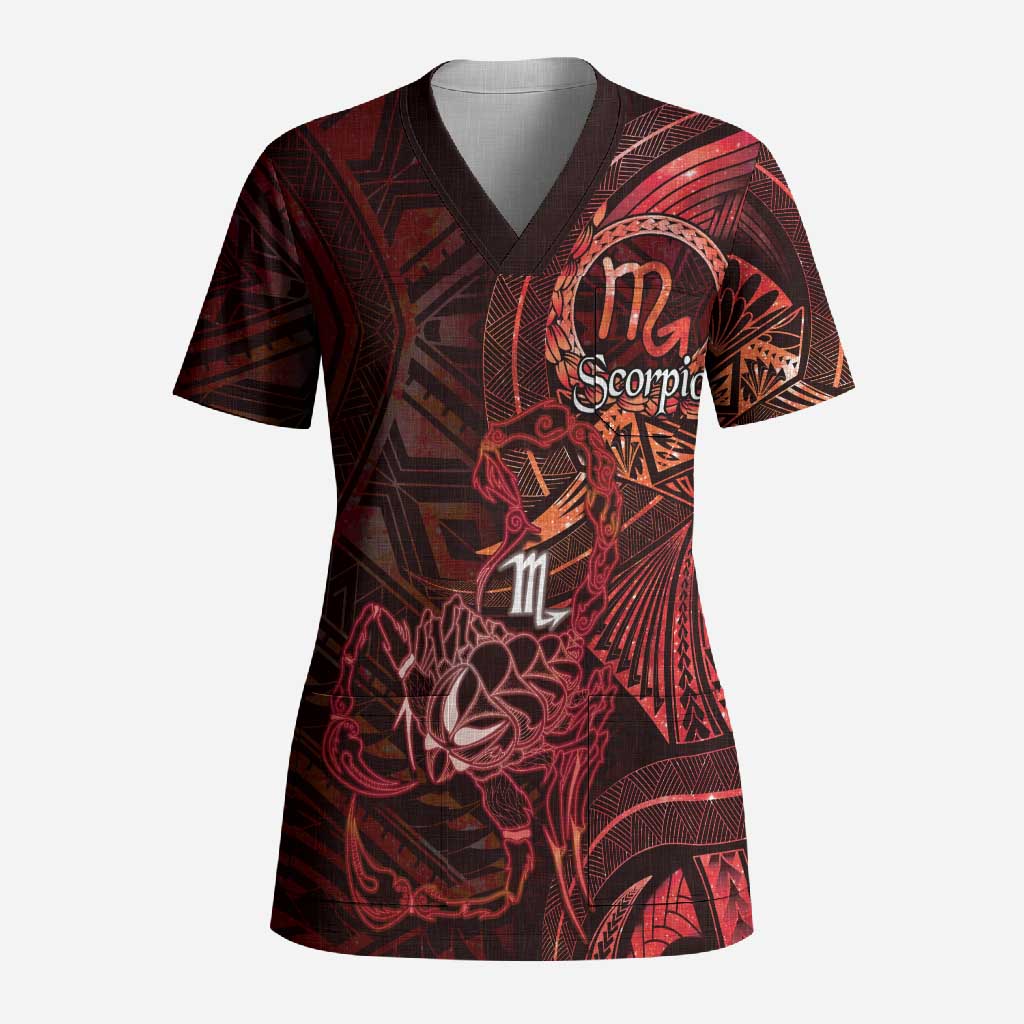 Personalised Polynesia Zodiac Scorpio Scrub Top Galaxy Polynesian Pattern Chest Tattoo Style LT14 Adult Red - Polynesian Pride